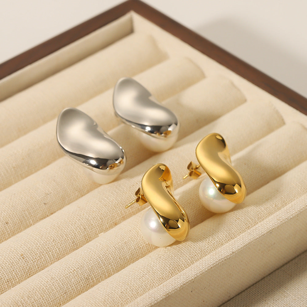 Minimalist Geometric Stainless Steel Gold-Plated Ear Cuffs with Pearl Inlay for Women
