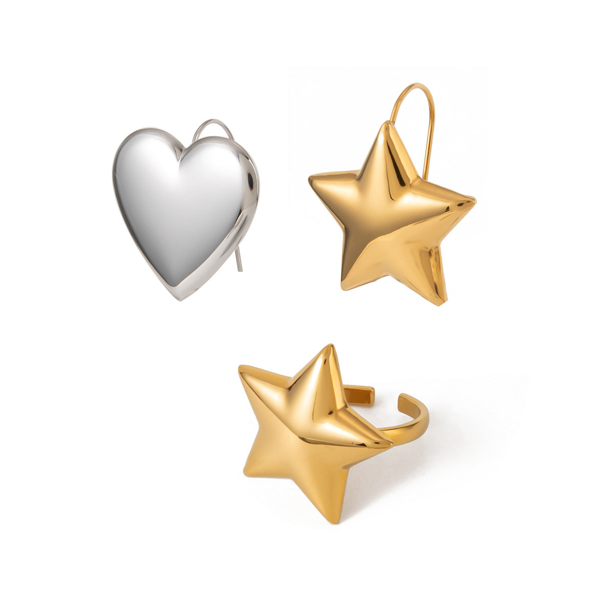 Anello aperto a cuore e stella bicolore oro e argento con design unico in stile Ins, placcato in oro 18 carati in acciaio inossidabile