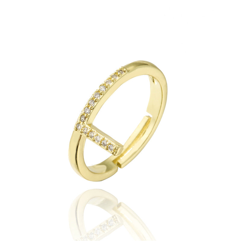 Fashion 18K Gold Plated Brass Micro-inlay Letter Ring Adjustable Open Band for Women