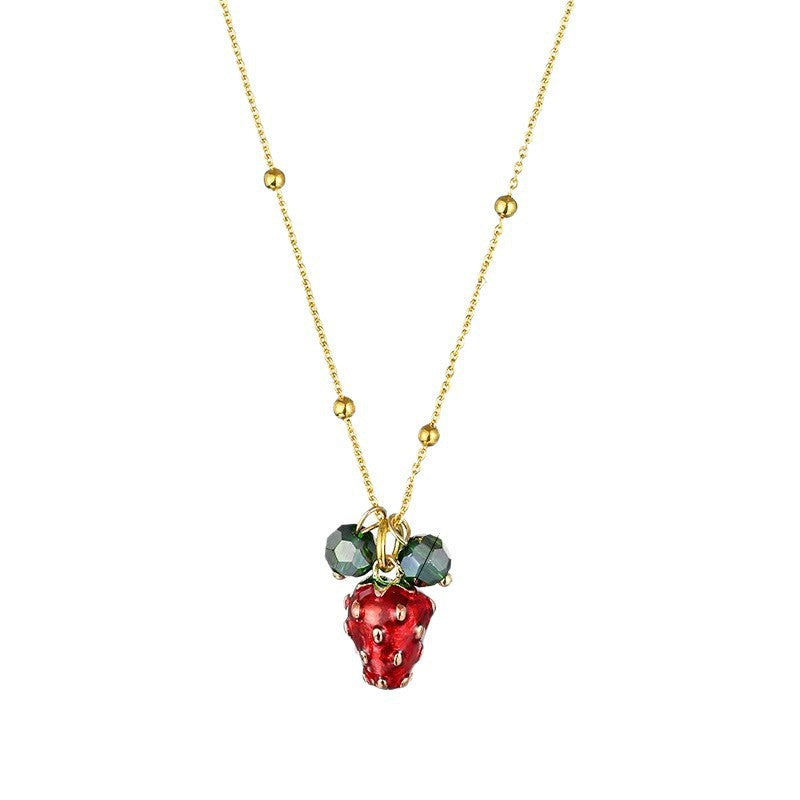 Sweet Geometric Round Stainless Steel Plated Strawberry Pendant Necklace Singapore Chain
