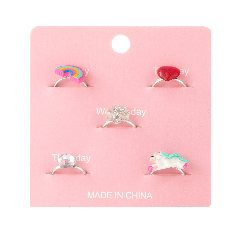 Anello in resina regolabile per bambini Unicorno Cartone Animato con forma a cuore e fantasia arcobaleno