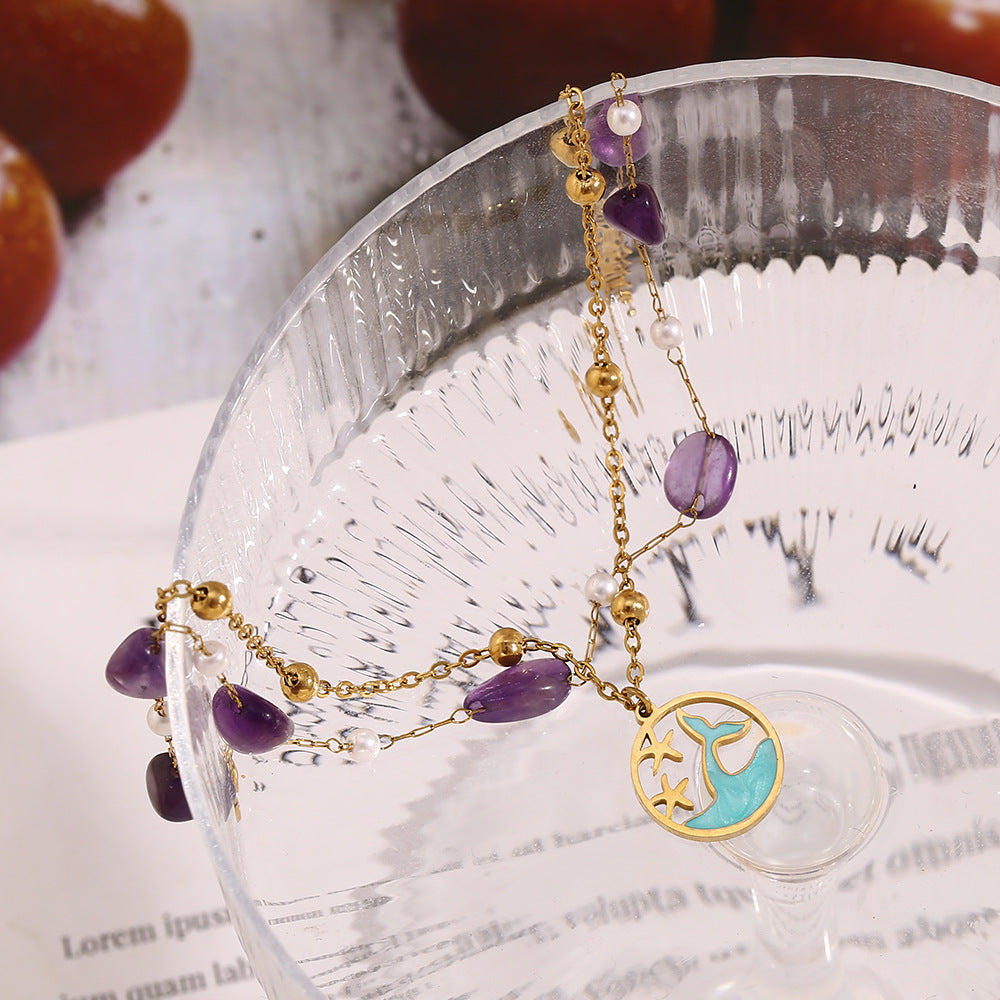 Minimalist Round Anklet for Women Made of Stainless Steel with 18K Gold Plating and Natural Stone Accents