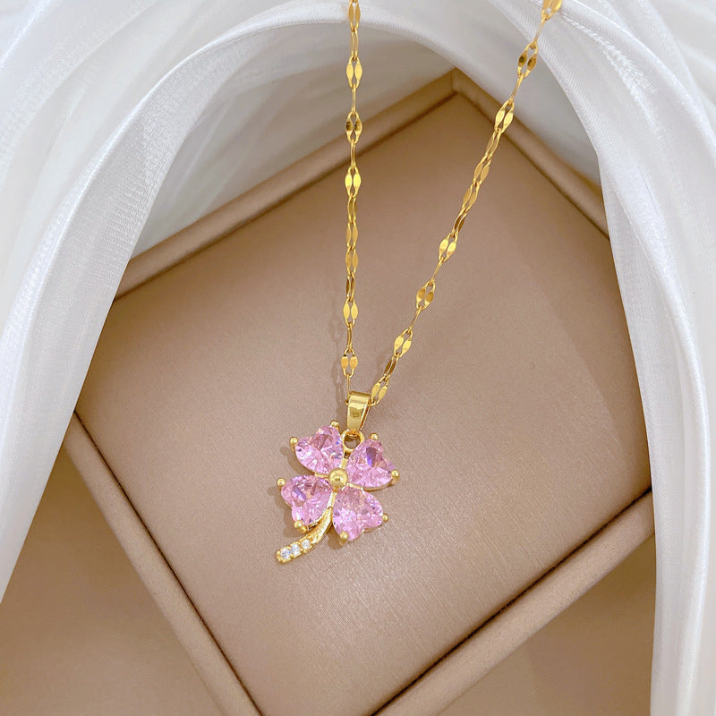 Sweet Minimalist Geometric Floral Inlaid Cubic Zirconia Brass Pendant Titanium Steel Necklace for Women