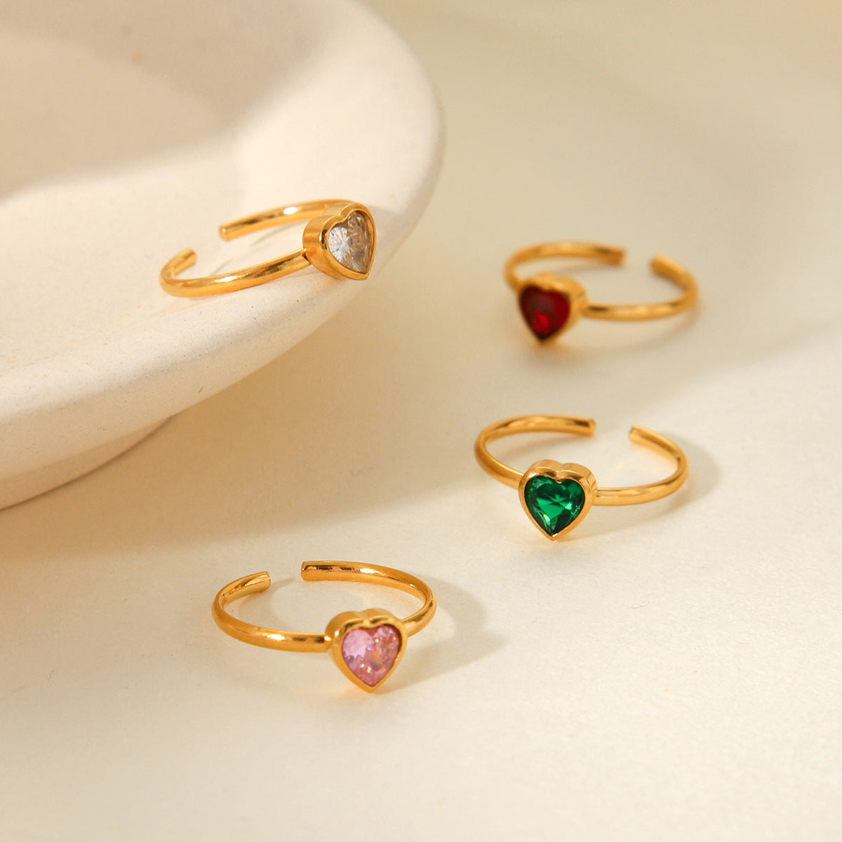 Anello Aperto da Donna Francese Lusso Leggero a Cuore con Strass Intarsiato in Acciaio Inox Placcato Oro 18K