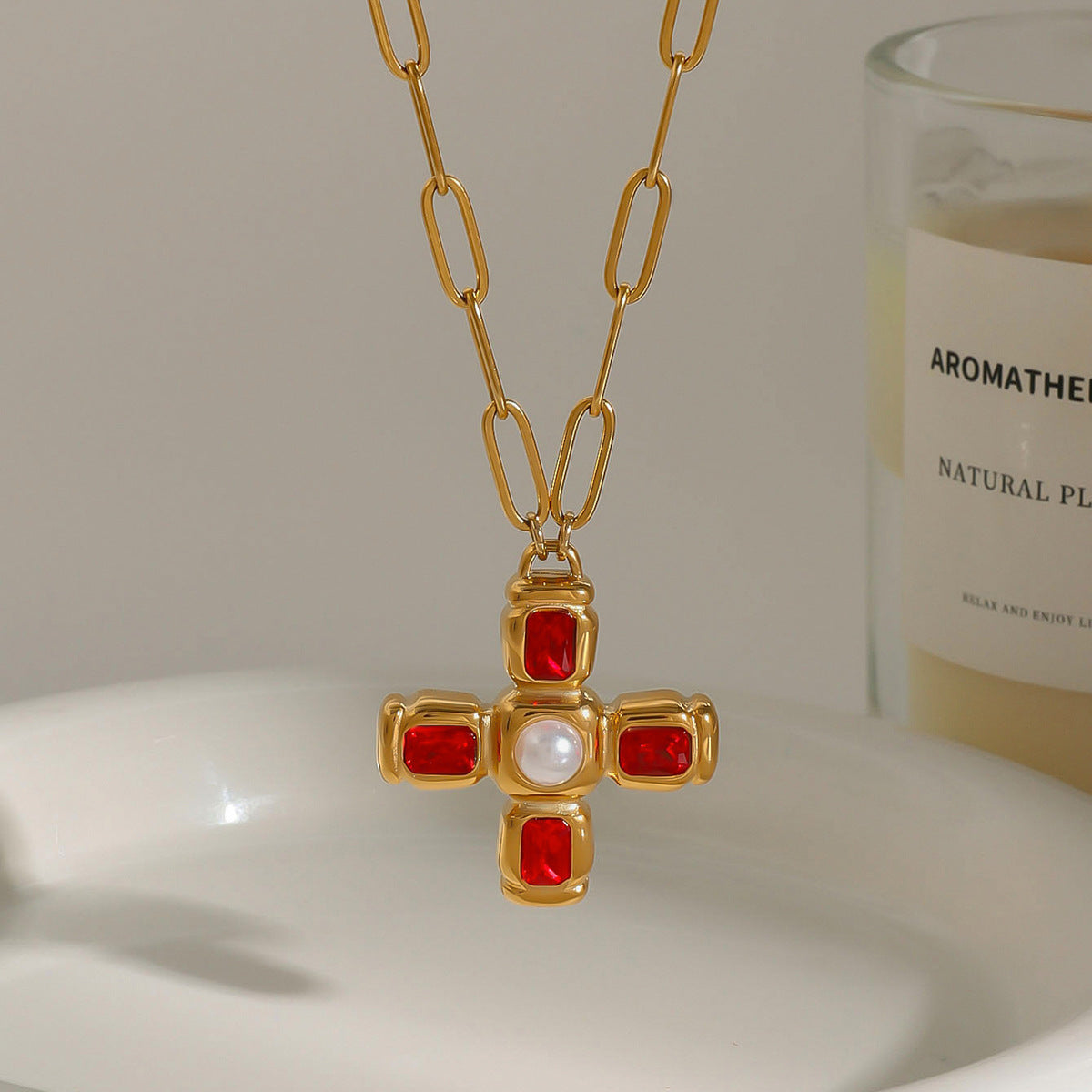 Collana Pendente a Croce Minimalista da Donna in Acciaio al Titanio con Finitura Placcata
