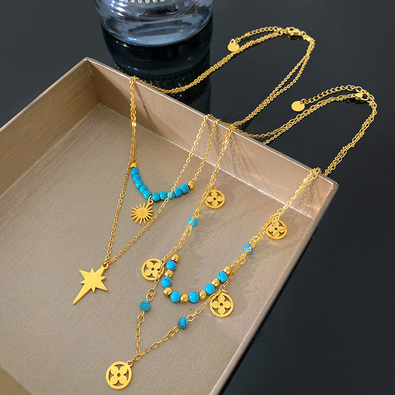 Layered Geometric Star Flower Pendant Titanium Steel Plated Necklace for Unisex