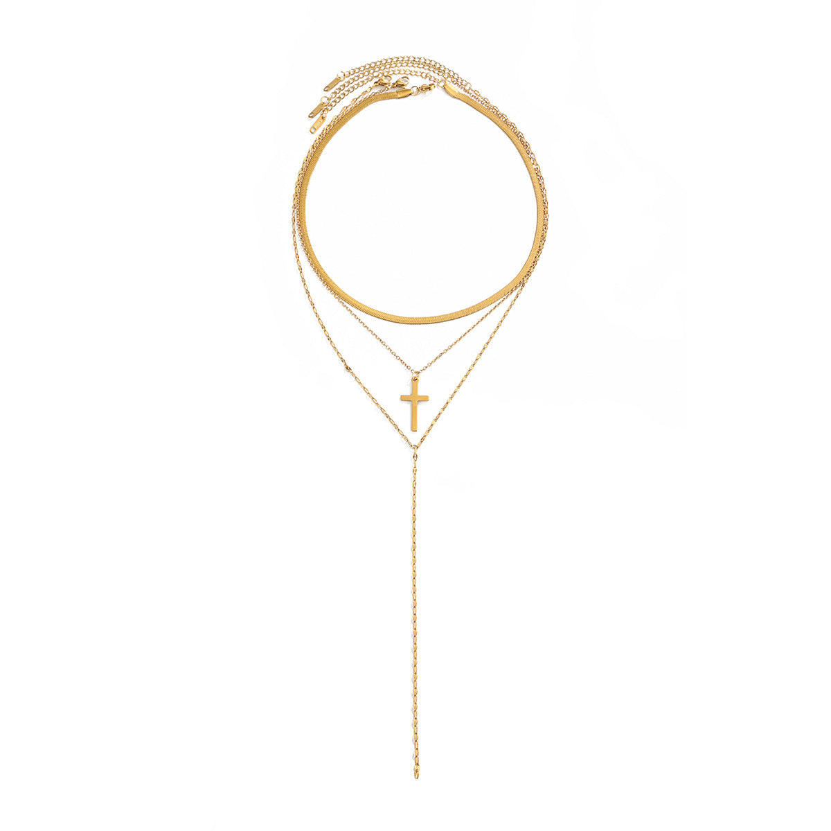 Vintage Stainless Steel Cross Pendant Necklace Flat Snake Chain Layered Choker for Women