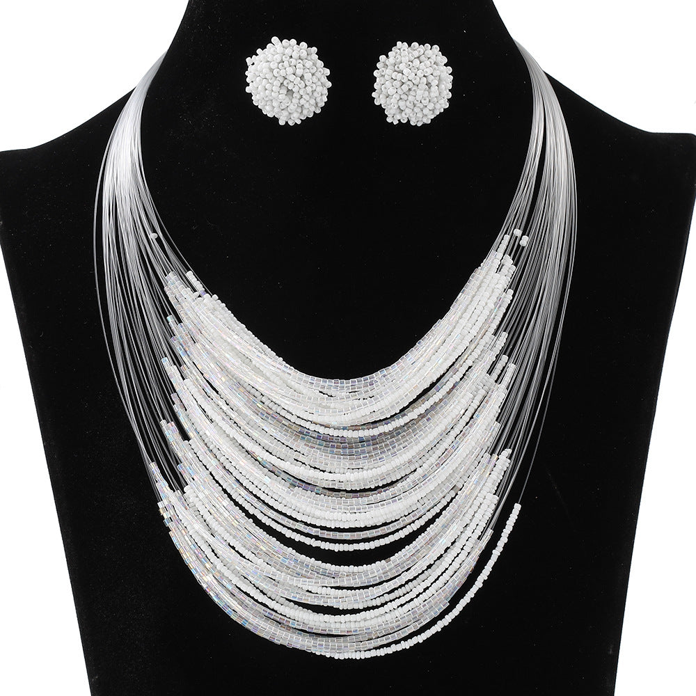 Bohemian Multi-Layer Glass Seed Bead Necklace and Earrings Set for Women with Pearl Chain and Four-Bean Pendant