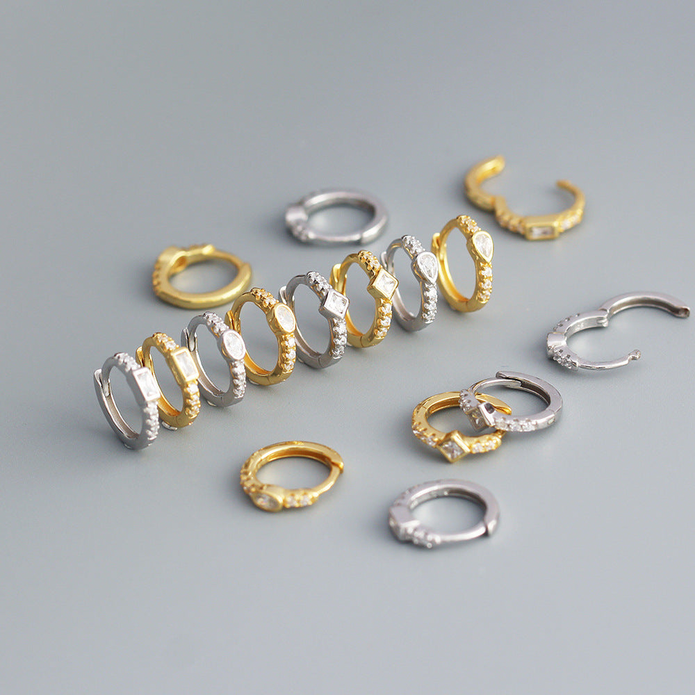 Minimalist Geometric S925 Sterling Silver Hoop Earrings with Rhinestone Inlay for Women