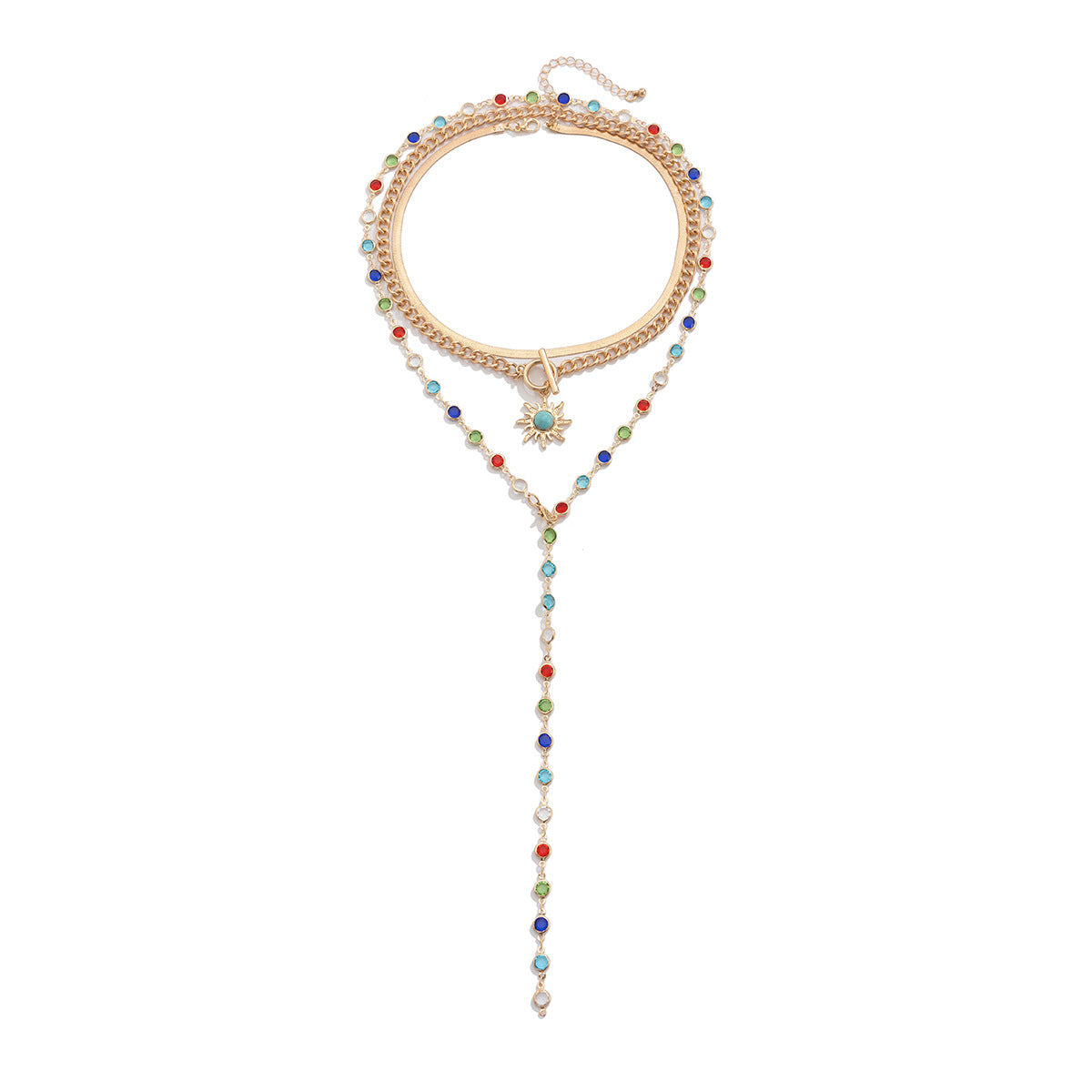 Collana da donna multistrato con nappine a girasole, in lega geometrica e cristallo