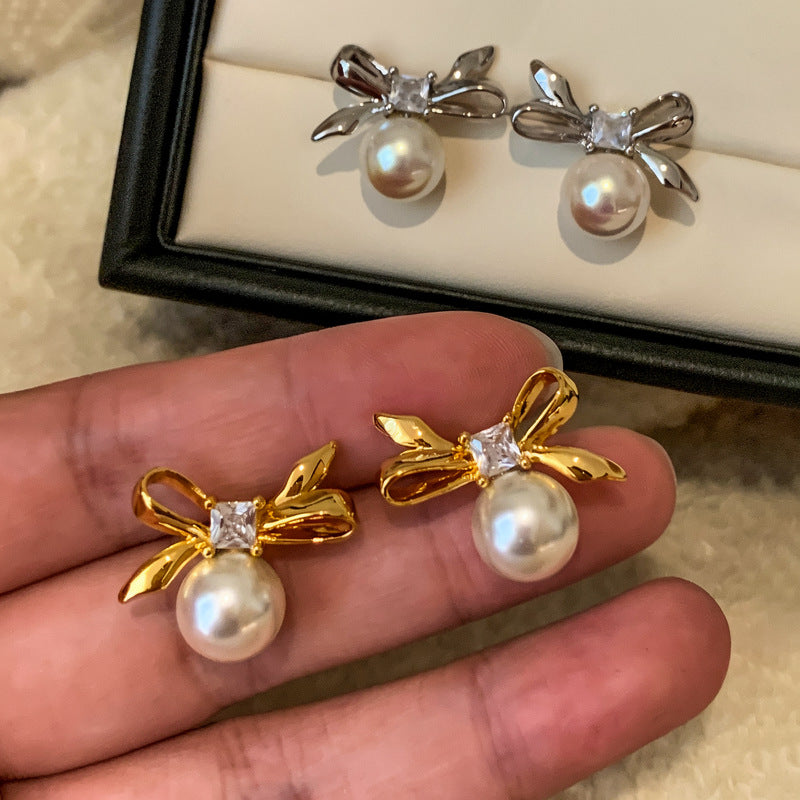 Orecchini a perno con fiocco di strass e perle con perni in acciaio placcato da donna, gioielli per orecchie vintage alla moda, minimalisti ed eleganti di lusso