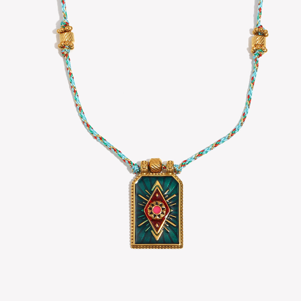 Minimalist Geometric Stainless Steel Plated 18K Gold Handwoven Colorful Cord Eye Charm Necklace for Women