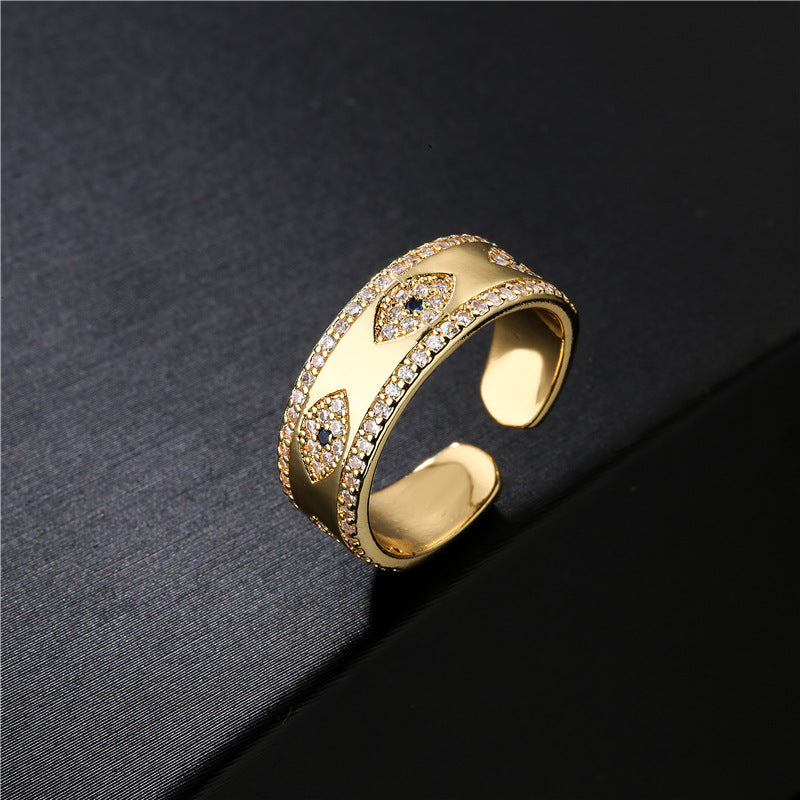 Minimalist 18K Gold Plated Brass Geometric Micro-Inlay Cubic Zirconia Evil Eye Ring for Women
