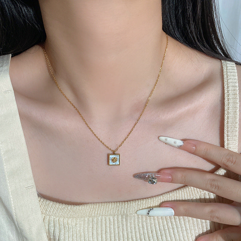 Luxury Square Floral Rose Gold Plated Brass Pendant Titanium Steel Necklace for Unisex