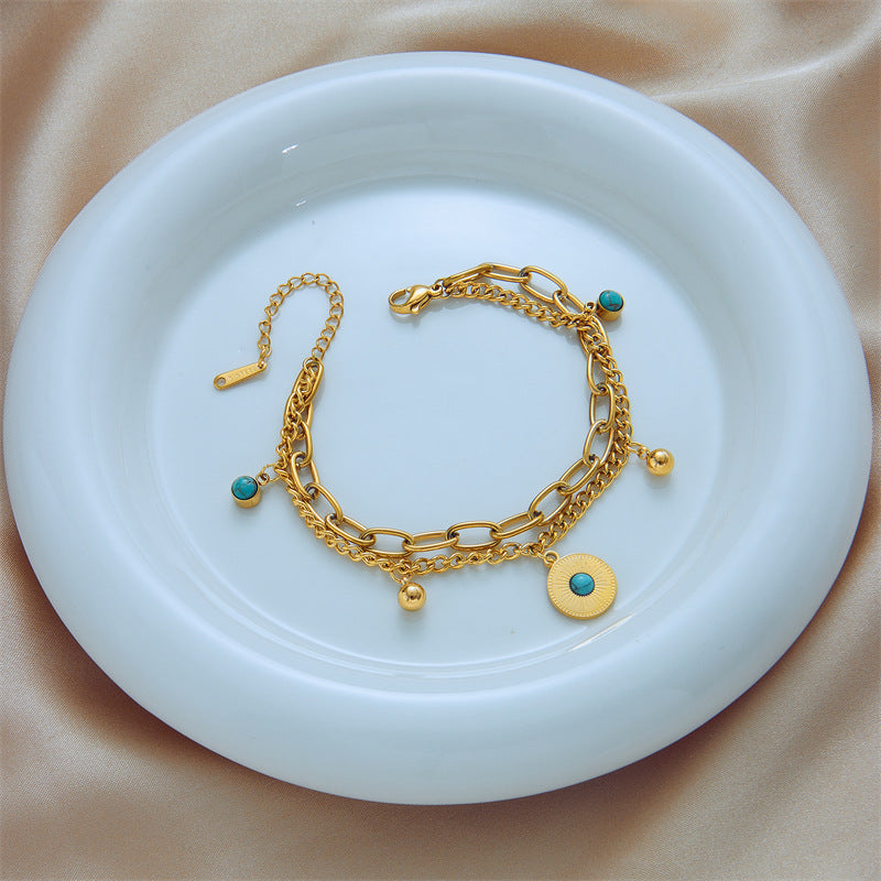 Minimalist Vintage Double Layer Turquoise Pendant Bracelet in Titanium Steel with Gold Plating
