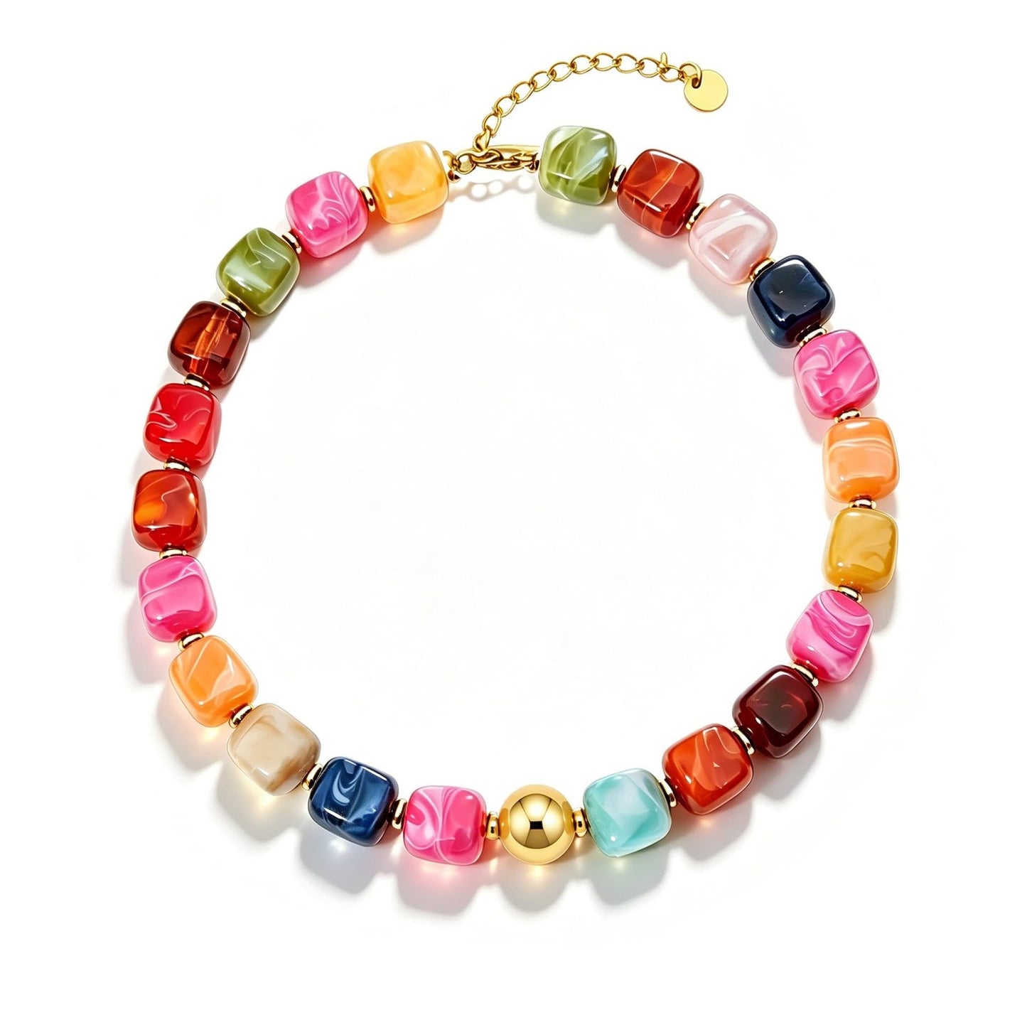 Bohemian Casual Geometric Resin Beaded Necklace with Acrylic Gold Ball Pendant Unisex Cable Chain