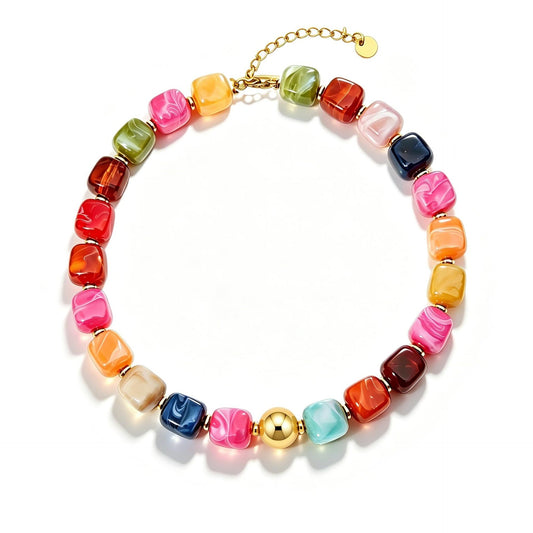 Bohemian Casual Geometric Resin Beaded Necklace with Acrylic Gold Ball Pendant Unisex Cable Chain