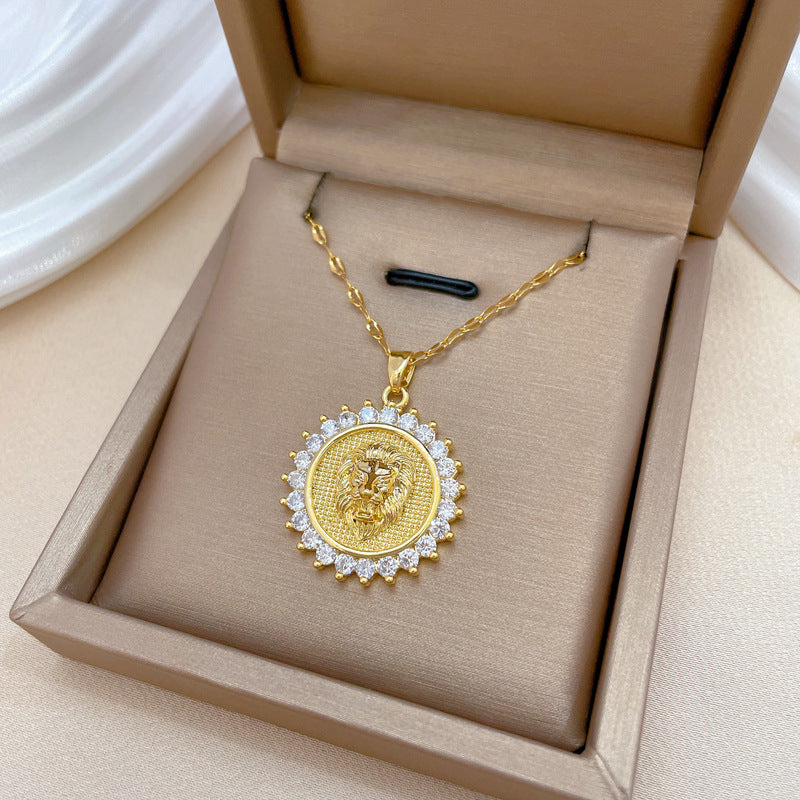 Minimalist Round Lion Head Pendant Necklace for Women and Men in Titanium Steel with Rhinestone Inlay on Snake Chain
