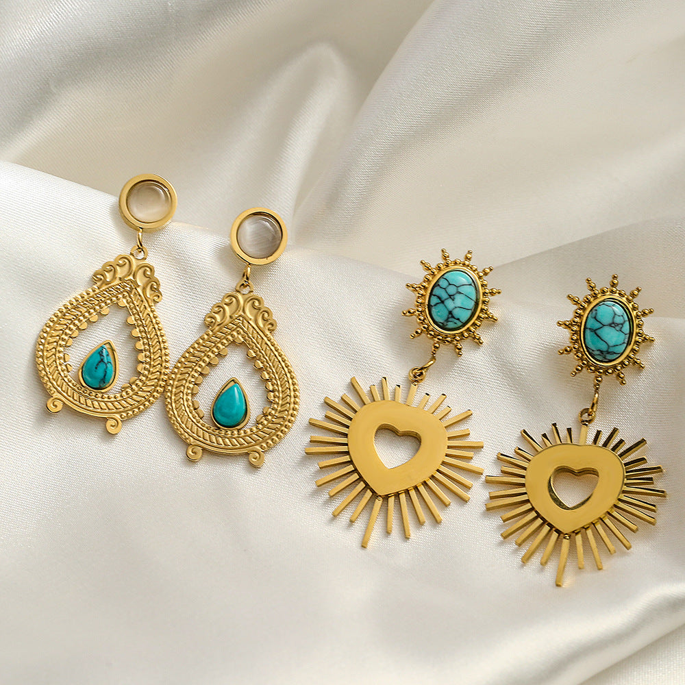 Vintage-style Heart-shaped Titanium Steel Drop Earrings with Turquoise Inlay for Women