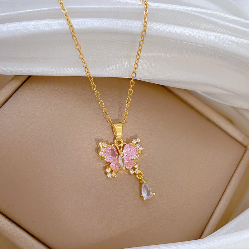 Pink Butterfly-Shaped Titanium Steel Necklace with Full Rhinestone Inlay for Women, Delicate Clavicle Chain with Geometric and Natural Moon Motif