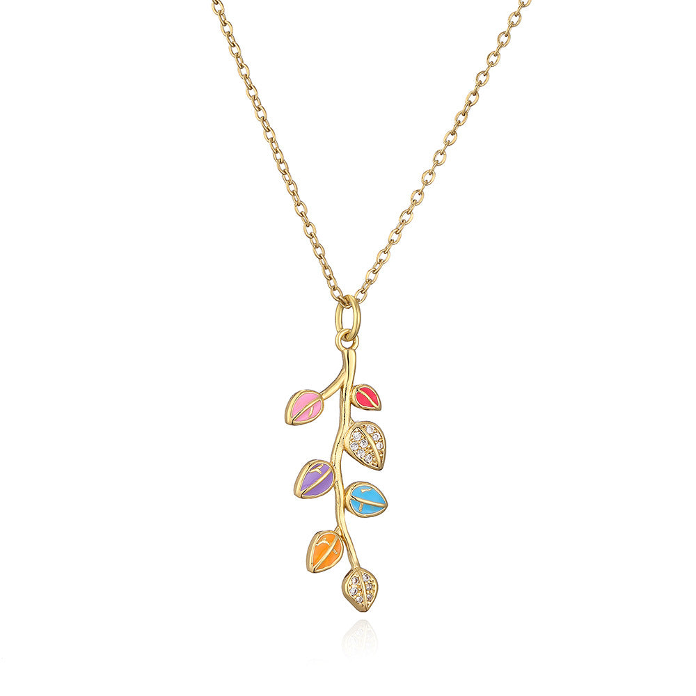 Elegant Enamel Zircon Leaf Pendant Necklace for Women in Copper with Real Gold Plating