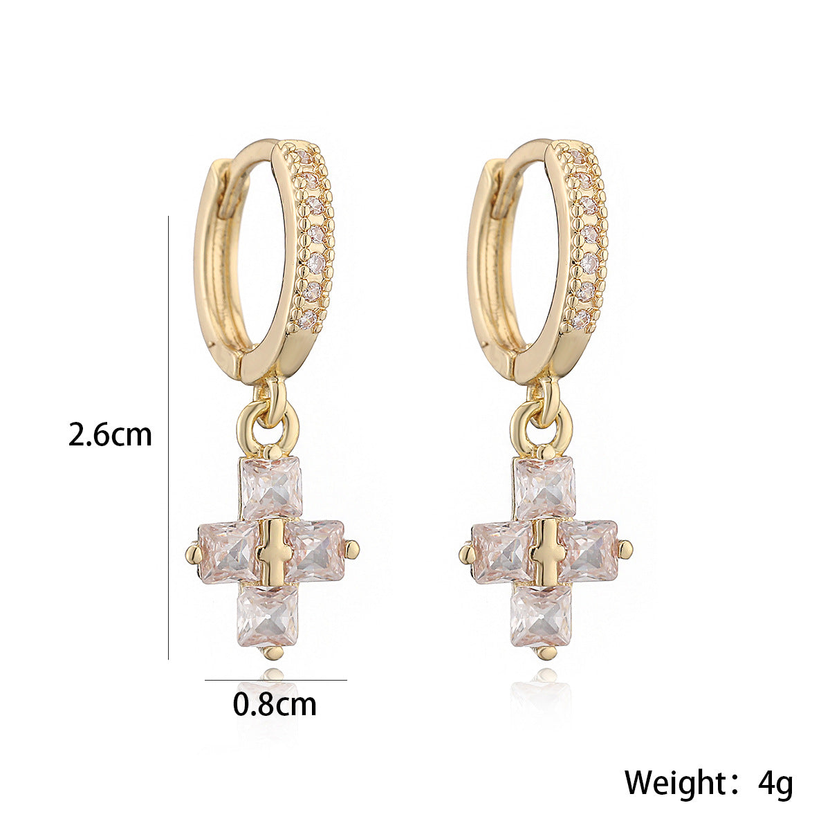 Orecchini da donna minimalisti a croce in rame con placcatura in oro 18 carati e intarsio in zirconi