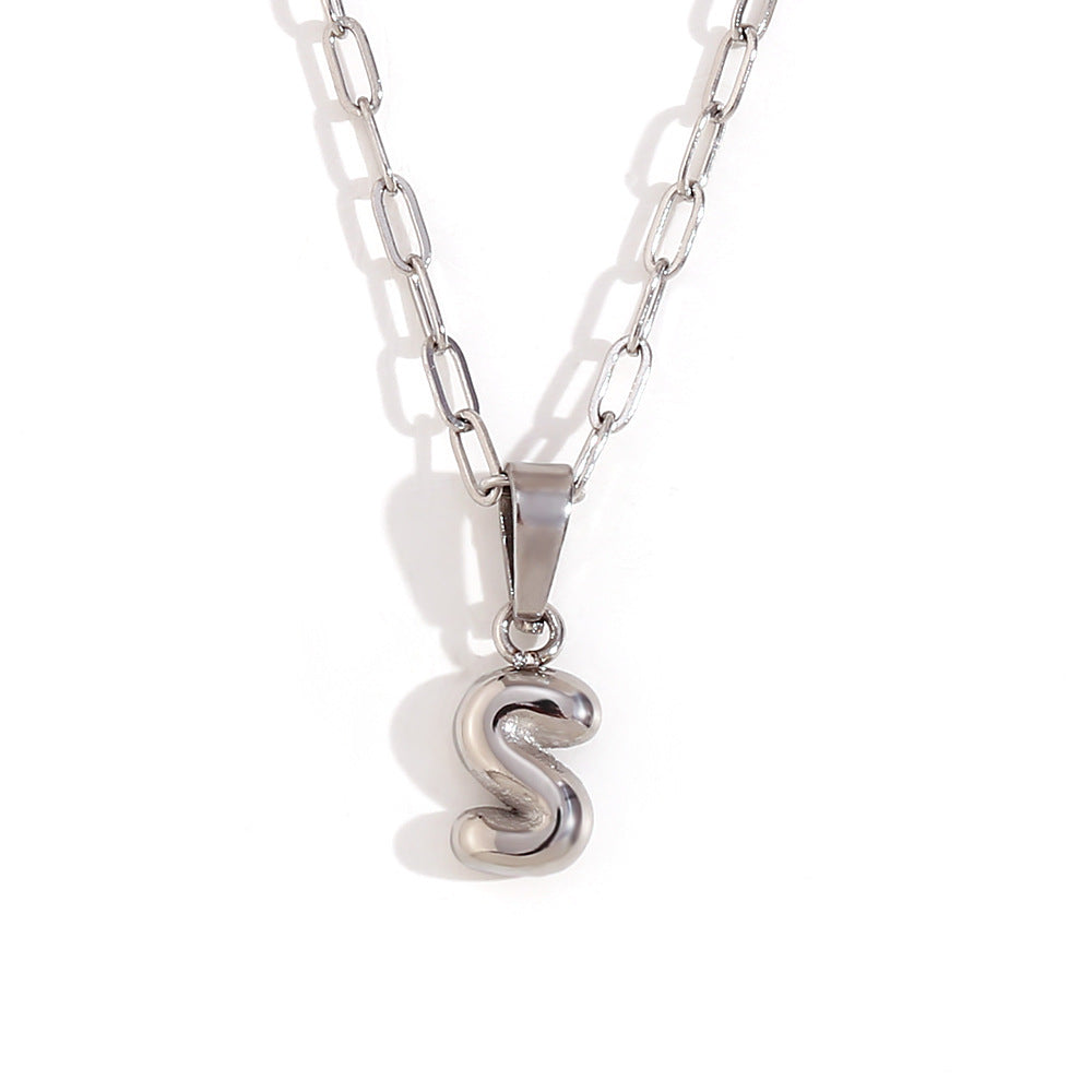 Minimalist Fashion Letter Pendant Necklace in Stainless Steel with 18K Gold Plating, Bubble-Inspired Mini Safety Pin Design for Women