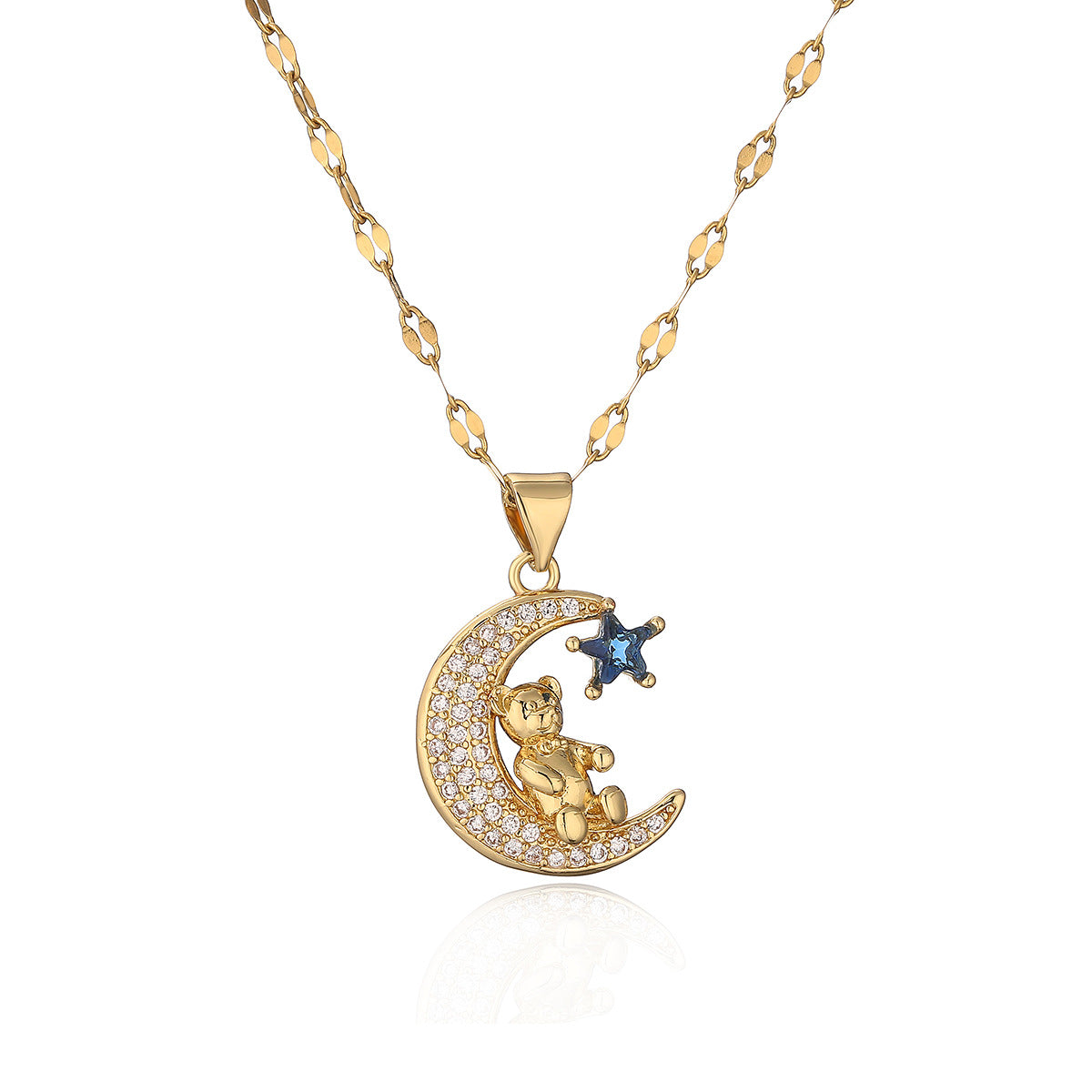 Cute Moon Bear Pendant Necklace in Copper with Real Gold Plating and Zircon Inlay for Women