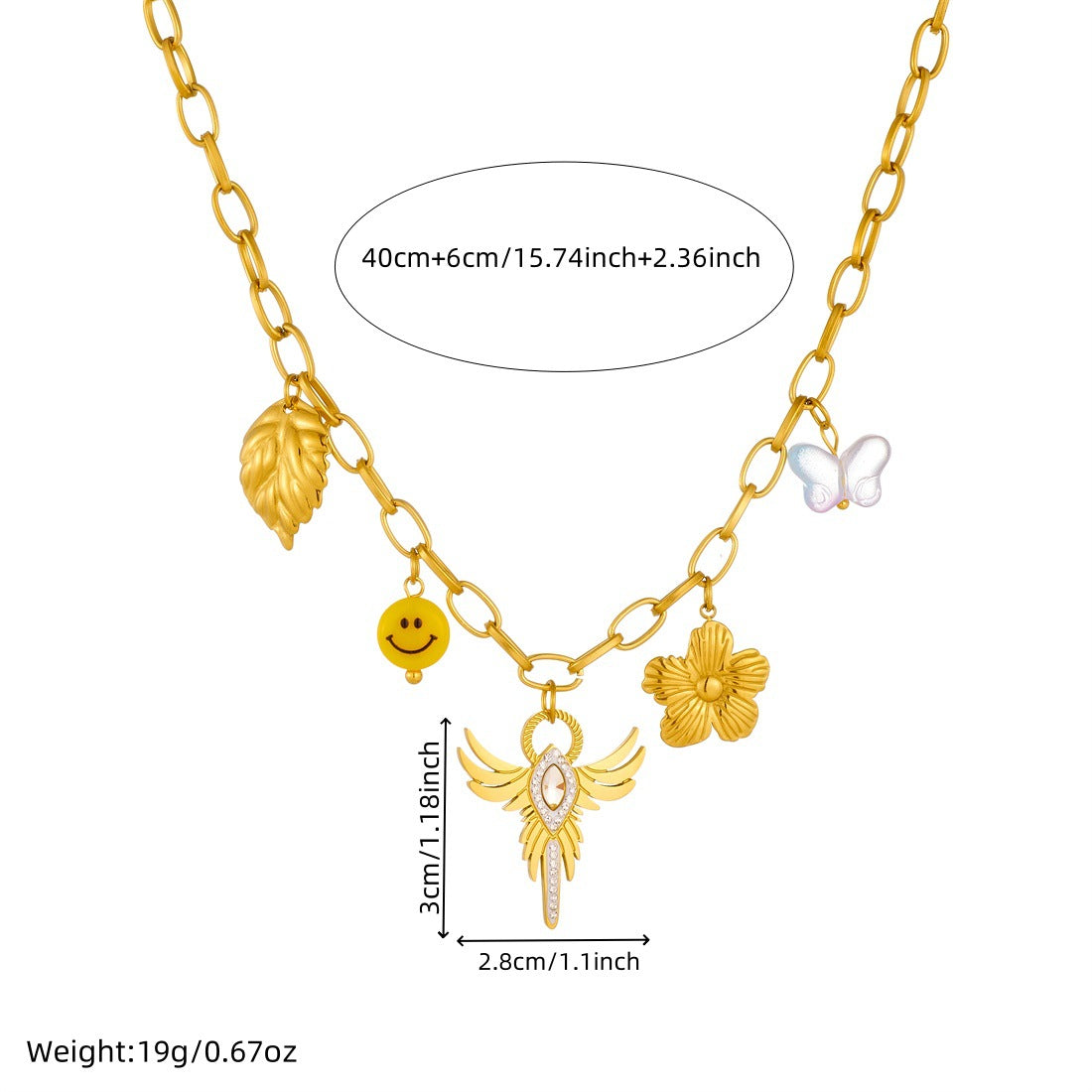 Luxury Elegant Gold Plated Stainless Steel Wings Cross Floral Leaf Smiley Face Rhinestone Necklace for Women