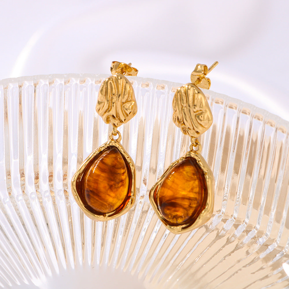 Minimalist Double-Hoop Resin Pendant Earrings with Stainless Steel Base and Vacuum Gold Plating