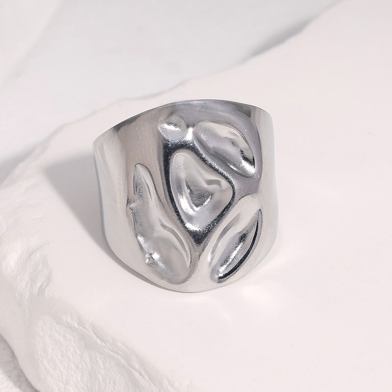 Punk Streetwear Gold Plated Hammered Textured Adjustable Wide Band Stainless Steel Ring for Women