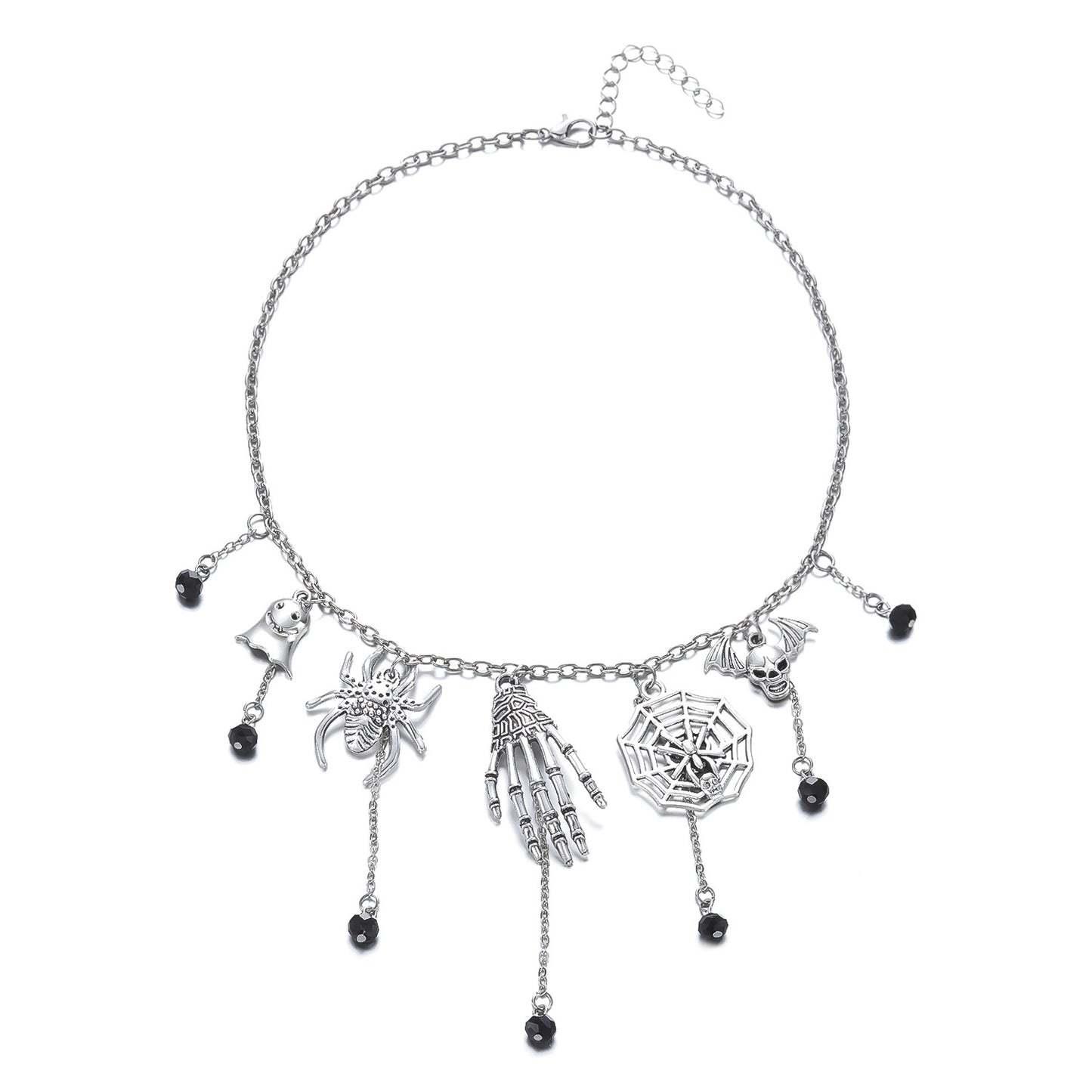 Collar colgante gótico oscuro de calavera y araña para mujer con cadena de aleación de zinc y incrustaciones de diamantes de imitación en diseño de cadena O
