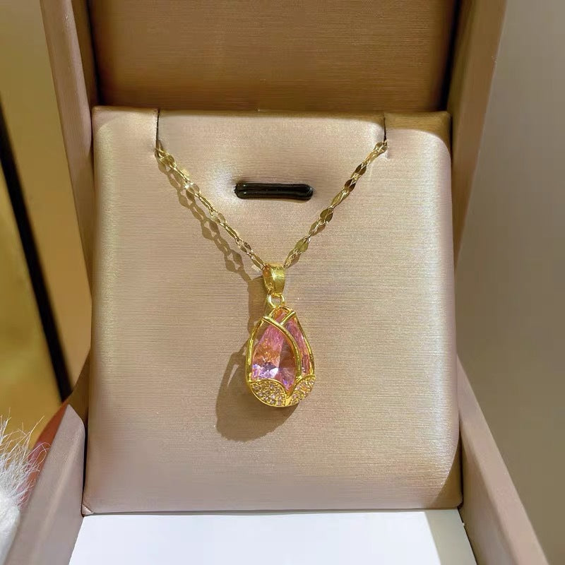 Tulip-Shaped Pendant Necklace for Women in Titanium Steel with Plated Finish, Minimalist Botanical Design, Delicate Clavicle Chain