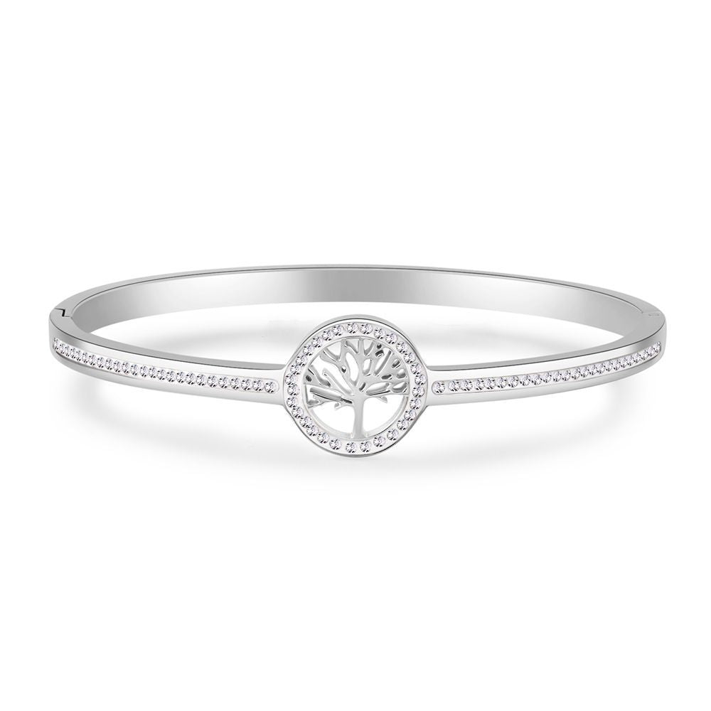Paved Cubic Zirconia Geometric Round Tree of Life Titanium Steel Bracelet Unisex
