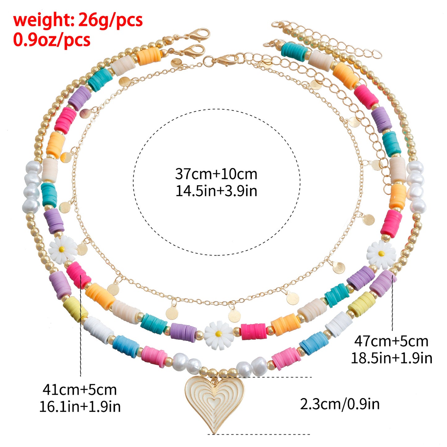 Collana da donna con ciondolo a cuore in argilla polimerica "Bohemian Rainbow" con lega galvanizzata e catena clavicola multistrato