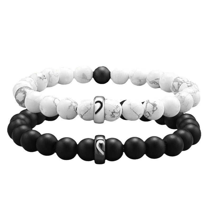 Geometric Black and White Beaded Stainless Steel Bracelet Set for Couples