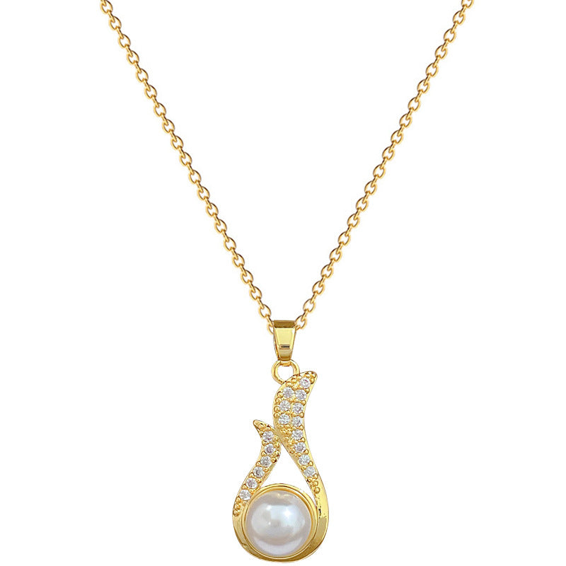 Luxury Sweet Geometric Titanium Steel Necklace and Earrings Set with Pearl and Rhinestone