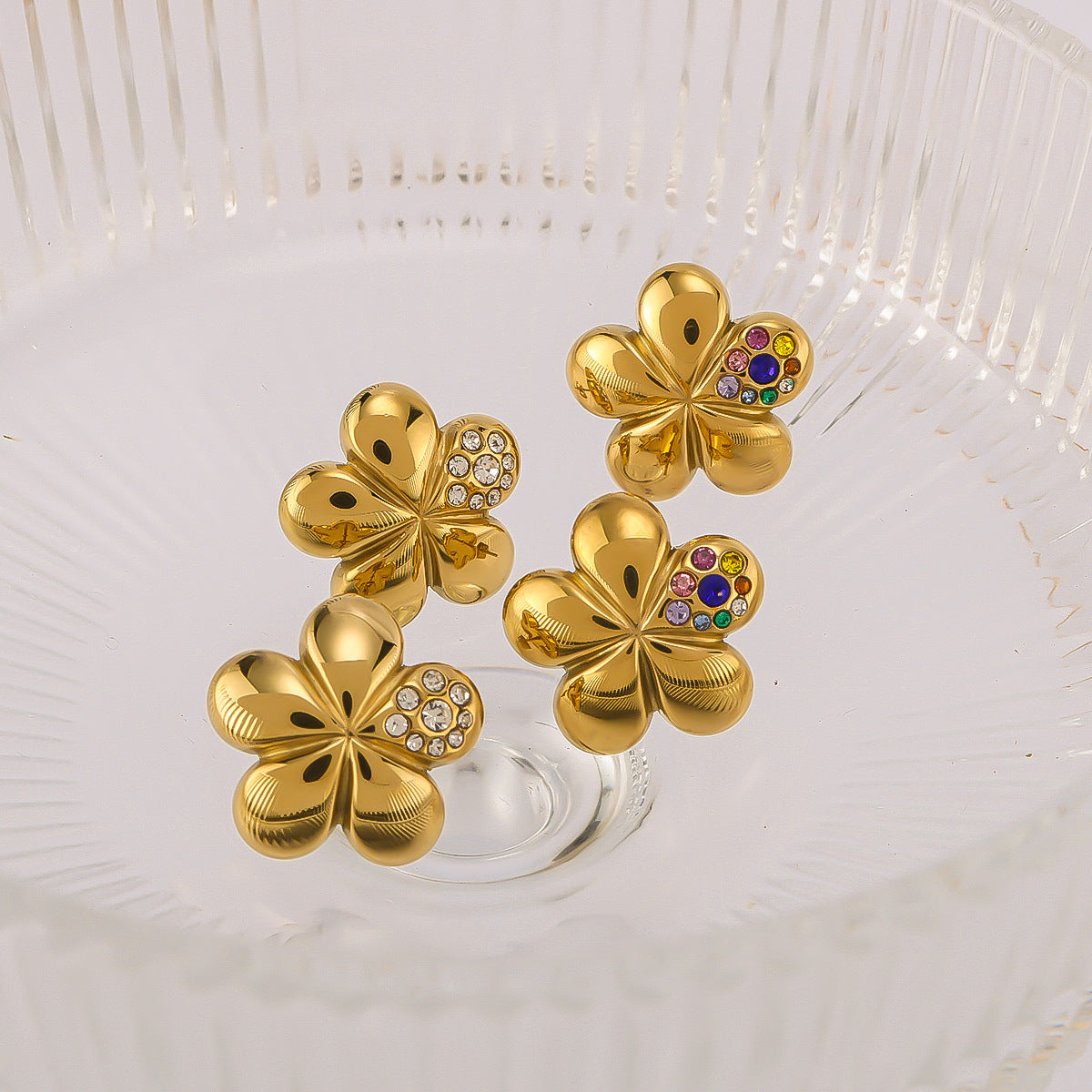 Floral Design Stainless Steel Earrings with Rhinestone Inlay Five-Petal Flower Shape for Women