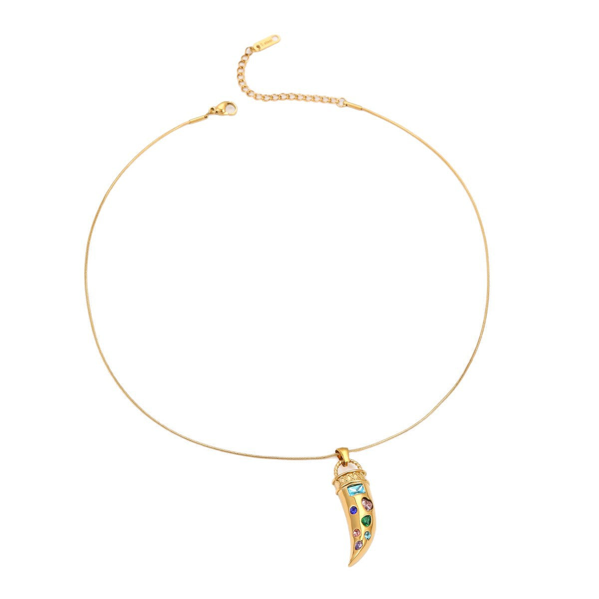 Collana con ciondolo a corno geometrico alla moda in acciaio inossidabile con intarsio di zirconi colorati da donna, catena ipoallergenica placcata per clavicola