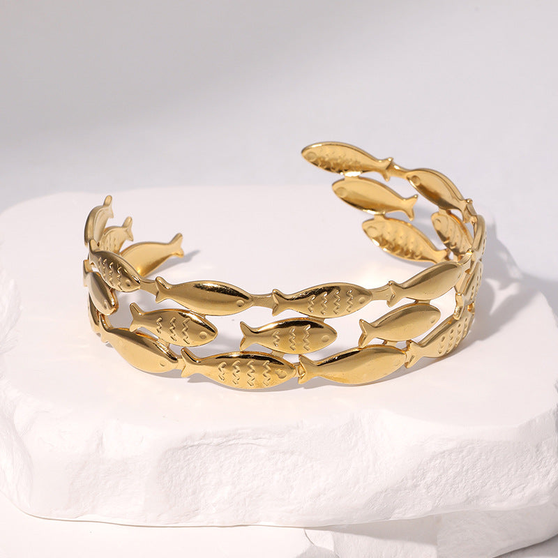 Bracciale Minimalista da Donna in Acciaio Inossidabile a Forma di Pesce, Placcato Oro 18K, in Acciaio al Titanio