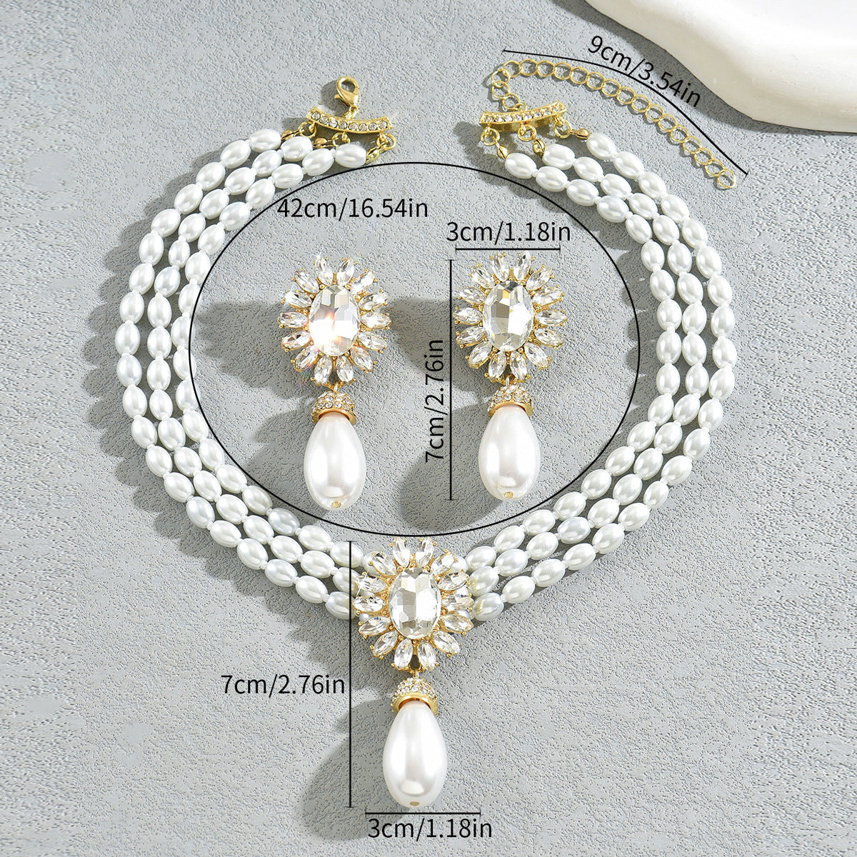 Juego de collar y pendientes de perlas de lujo geométricos para mujer con incrustaciones de cristal, cadena de clavícula de varias capas