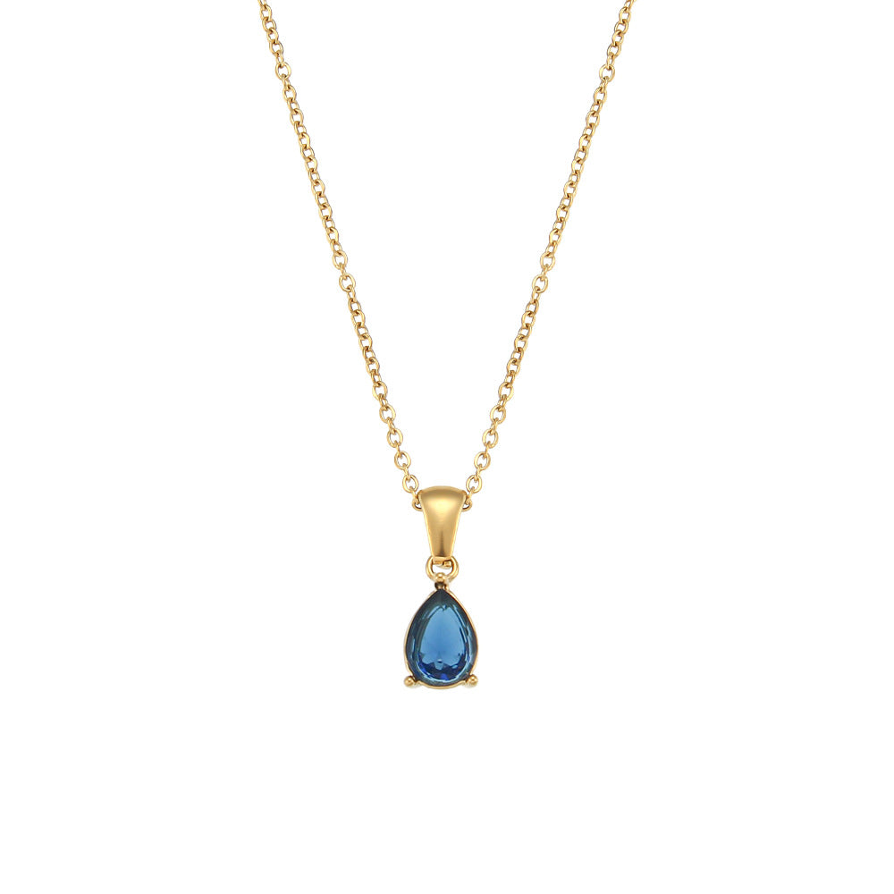 Minimalist Geometric Teardrop Zircon Pendant Necklace in Stainless Steel with 18K Gold Plating for Women