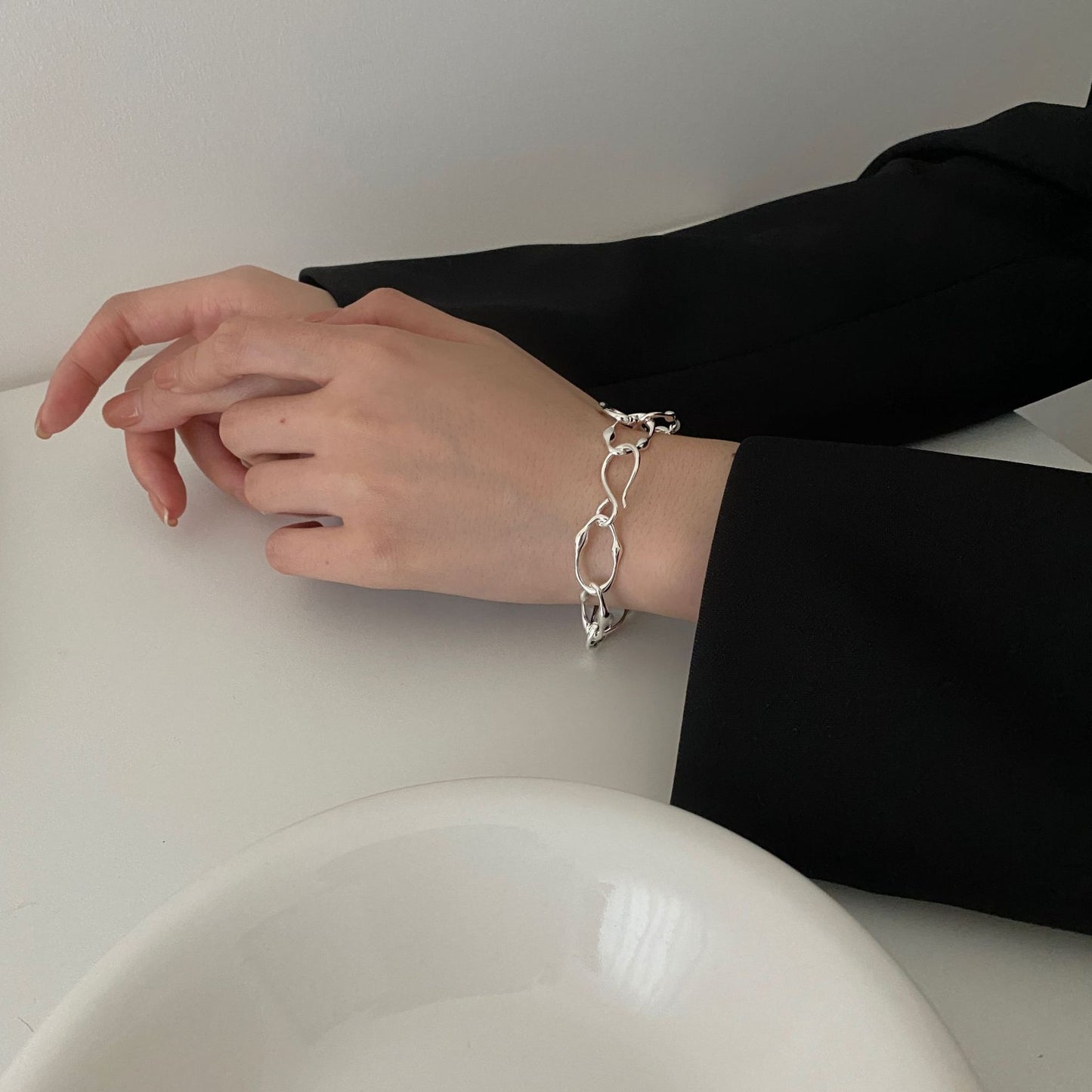 Minimalist Irregular Geometric Shape 925 Sterling Silver Handcrafted Bracelet with Polished Finish