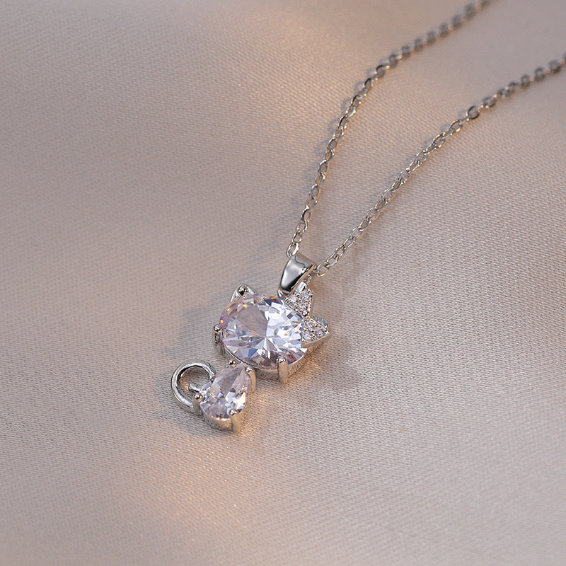 Cute Cat Pendant Necklace for Women in Titanium Steel with Micro-Pavé Rhinestones, O-Chain, Minimalist and Fresh Sweet Style