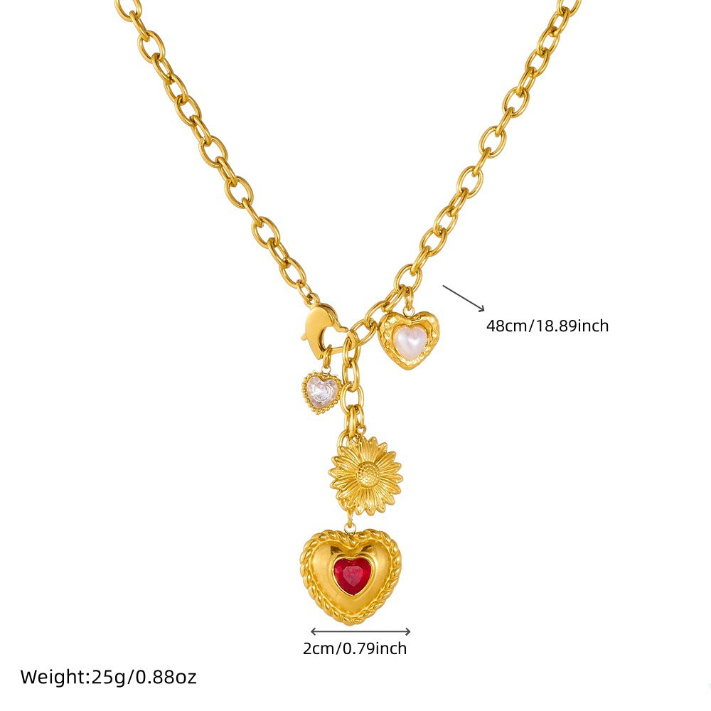 Vintage Gold Plated Stainless Steel Heart Sunflower Rhinestone Pendant Necklace with Tassel