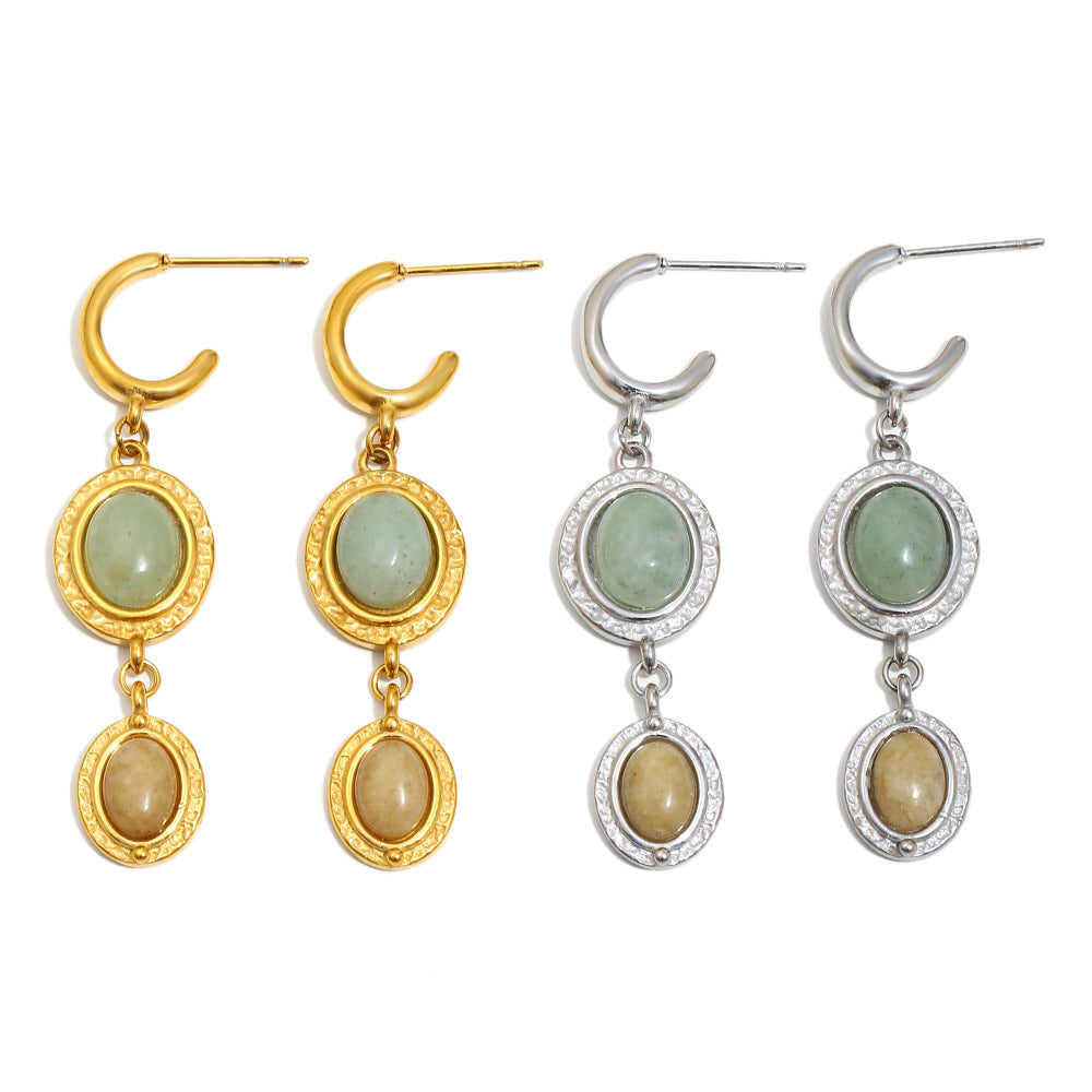Minimalist Geometric Stainless Steel Earrings with 18K Gold Vacuum Plating and Natural Stone Accents for Women