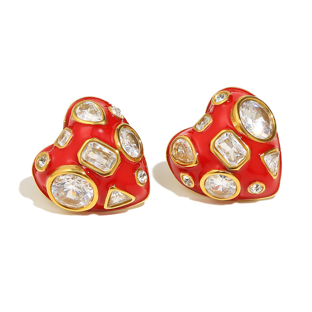 Pendientes minimalistas de acero inoxidable con forma de corazón, chapados en oro de 18K y detalles de esmalte rojo, con circonita blanca