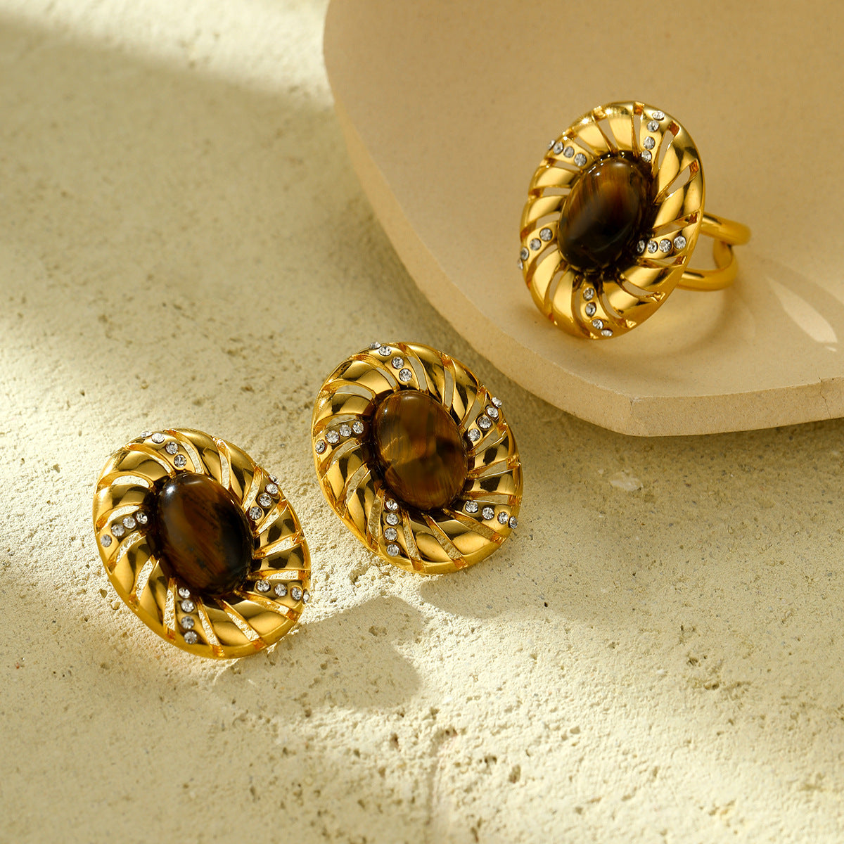 Fashionable Oval Tiger Eye Rhinestone-Set Titanium Steel Earrings for Women with Plated Finish and Geometric Design