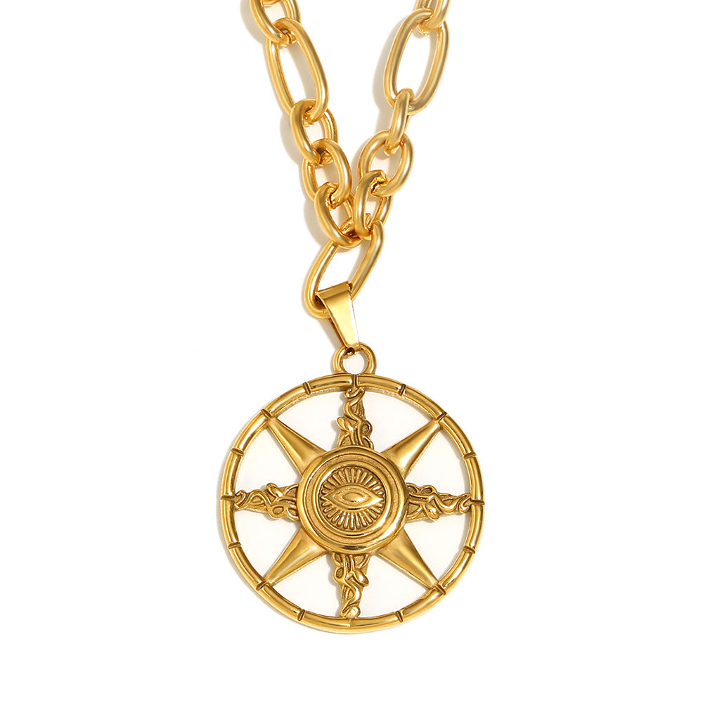 Collana vintage con stella a otto punte e occhio di Allah geometrica in acciaio inossidabile placcato oro 18 carati da donna