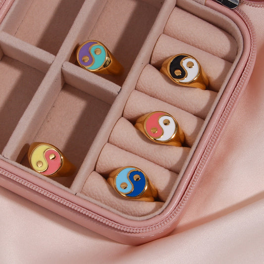 Light Luxury 18K Gold Plated Geometric Tai Chi Bagua Pattern Titanium Steel Ring for Women